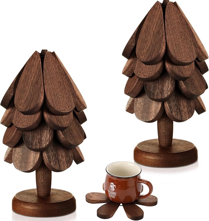 Suzile 2 Set Wooden Trivets for Hot Dishes Tree Shape Trivets Set Tree Coasters Wood Table Mat Tree Design Trivet Foldable Heat Resistant Pads for Teapot Pans Bowl Kitchen (4 Layers)