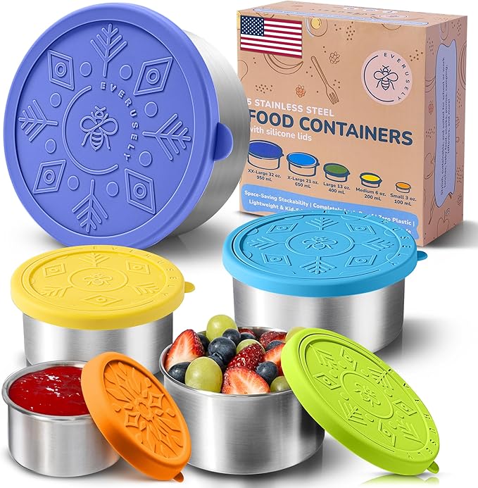 Everusely - Stainless Steel Containers with Lids - Set of 5, Summer Collection - Leakproof Stainless Steel Food Containers - Nesting Snack Holders - Metal Lunch Box - Portable & Reusable Meal Kit