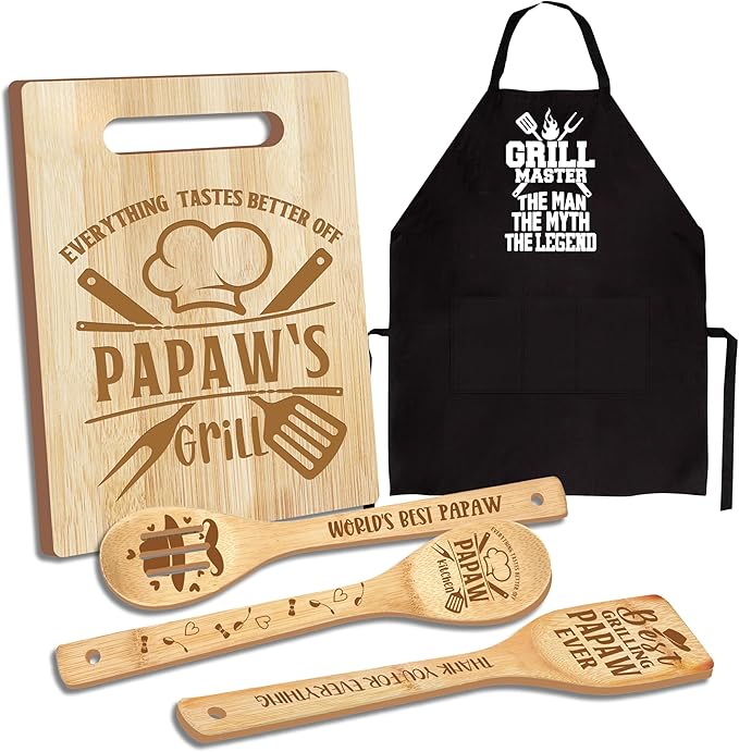 Papaw Gifts, Christmas Papaw Gifts from Grandkids, Gift for Papaw Wooden Cutting Board Utensils with Apron, Great Papaw Grandprents Day Father's Day Birthday Kitchen Gift