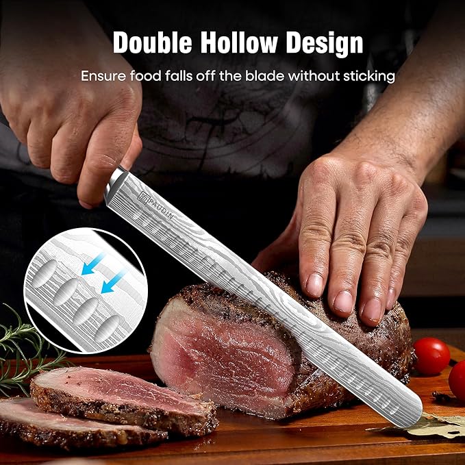 PAUDIN Brisket Knife, 12 Inch Carving Knife Stainless Steel Brisket Slicing Knifes with Granton Edge for Meat Cutting, Roasts, BBQ, Turkey