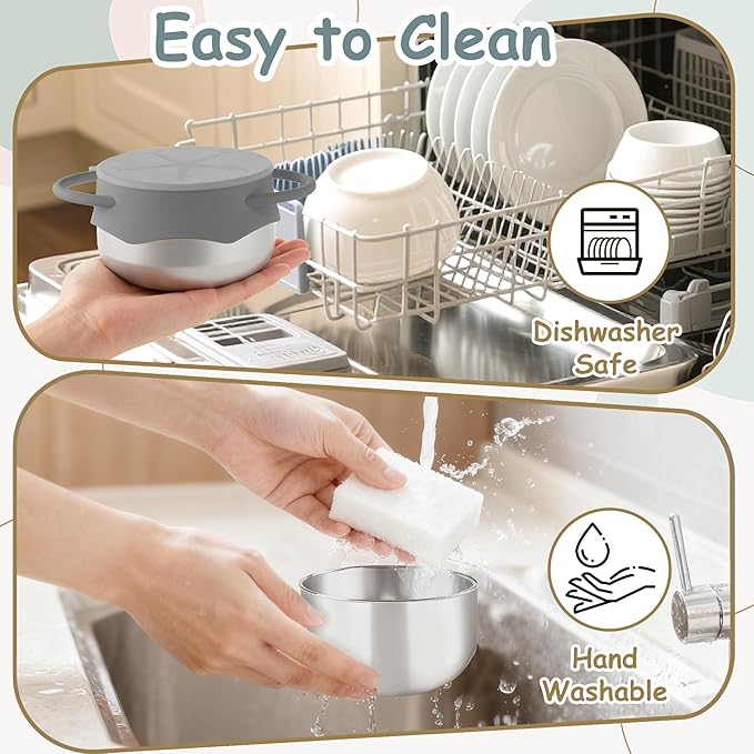 2 Pack 3-in-1 Stainless Steel Snack Containers for Toddlers with Spill-Proof Silicone Lids & Dual Handles - Baby Snack Box, Toddler Snack Cups, Perfect for Healthy Eating (Dark Grey+Light Grey)