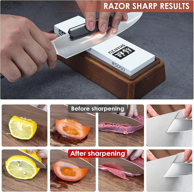 SHAN ZU 2 Pcs Knife Sharpener Stone Set with Storage Box Whetstone Grit 1000/5000 Knife Sharpening Stone with Non-Slip Silicone Base and Angle Guide Whetstone Knife Sharpening Kit for Kitchen Knives