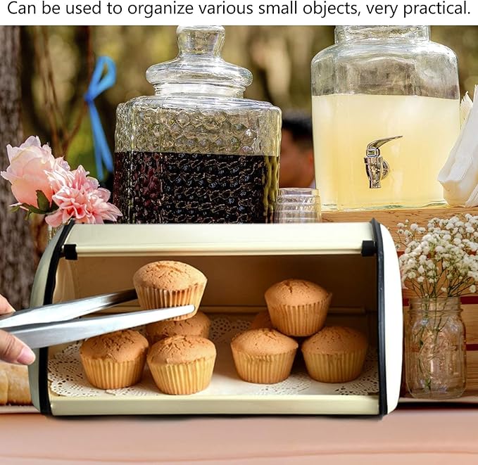 Topyond Vintage Bread Box, Metal Bread Box for Kitchen Countertop, Rustic Bread Holder with Roll Top Lid, Farmhouse Bread Storage Bin, Stainless Steel Breadbox for Homemade Bread