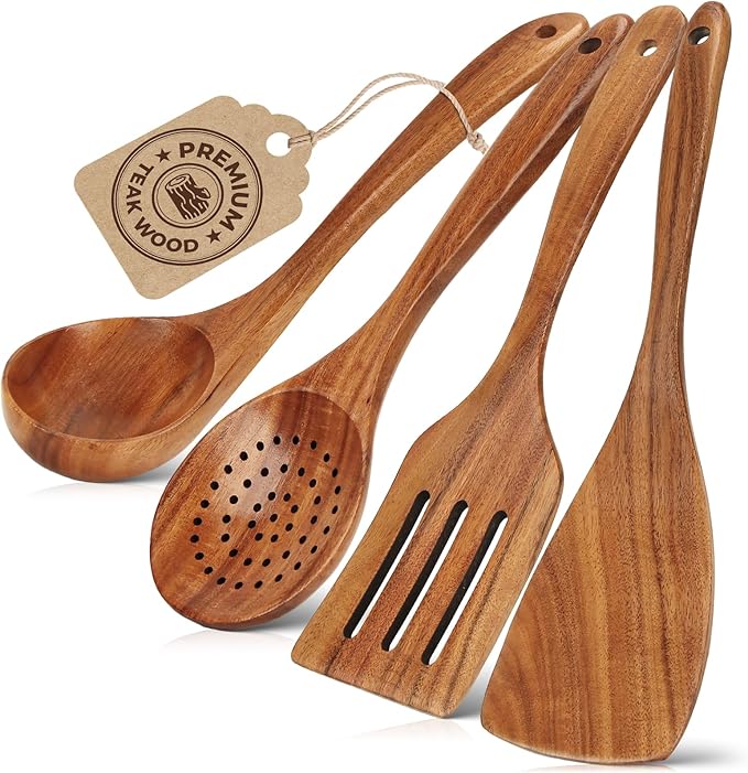 Natural Teak Wood Cooking Utensils Set - 4pcs Wooden Spoons for Cooking with Ladle, Spatula, and Slotted Spoon, Premium Kitchen Tools for Chefs
