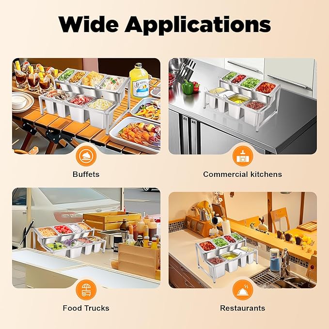 2 Tier Expandable Spice Rack, 8 Pans Commercial Seasoning Organizer Shelf with Spoons & Lids, Adjustable Stainless Steel Countertop Inclined Holder for Kitchen, Restaurant