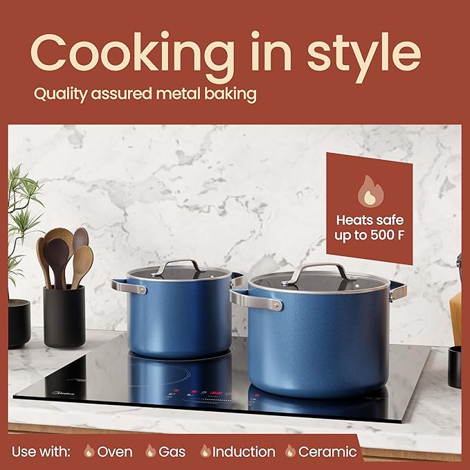 Bakken 3 Quart Ceramic Coated Stock Pot with Lid, Easy to Clean Nonstick Pot, Tempered Glass Lid, Riveted Stainless Steel Handles, Oven Safe Up To 500°F, PTFE & PFAS Free, All Stove Compatible, Blue