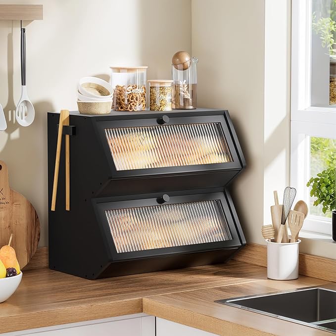 WOWLIVE Double Layer Bread Box for Kitchen Countertop, Large Bamboo Bread Storage Container for Homemade Bread, Farmhouse Bread Holder for Kitchen Counter Cabinet, Pantry, (Black, Extra Large)