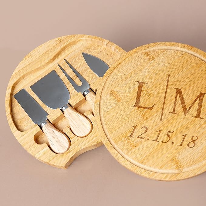 Custom engraved luxury charcuterie board & knife set/4pcs, personalized cheese chopping serving tray for fruits, food, dessert, bread for table decoration, personalized gift for dinner host (Initials)