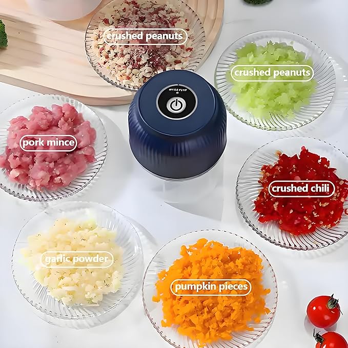 Electric Garlic Chopper, 300ml Mini Portable Veggie Cutter, Dicer with 4 Stainless Steel Blades, One-Touch Operation for Garlic, Onion, Nuts, Easy to Clean, Dishwasher Safe (2*Blue)