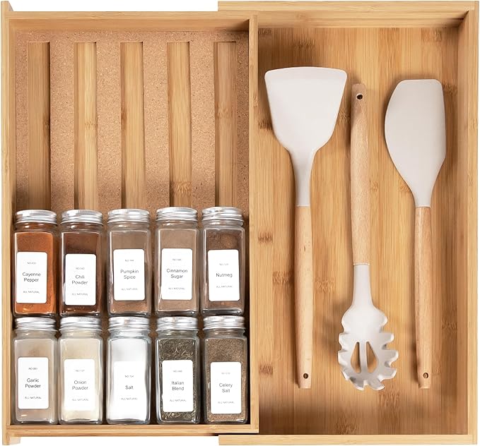KitchenEdge Spice Drawer Organizer with Expandable Storage. Holds up to 15 Spice Jars (Not Included), Non-Slip Feet, Kitchen Accessory Storage, 100% Sustainable Bamboo Wood