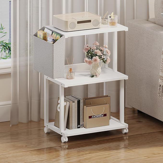 Ostreeful 3 Tier Printer Stand Printer Mobile Wooden Printer Shelf Table Organizer for Home Office Kitchen (Modern White)