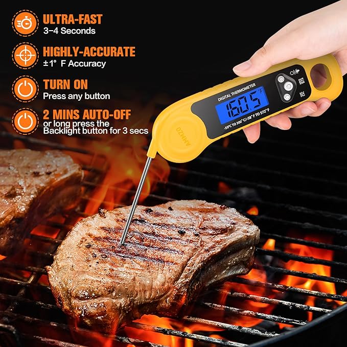 Meat Thermometer Digital, Instant Read Food Thermometer Waterproof with Backlight for Cooking, Deep Fry, BBQ, Grill, Smoker and Roast (Yellow)