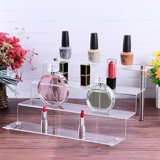 Acrylic Riser Shelf 4 Tier Clear Display Stand for Collectibles Pop Figures, Cupcakes, Perfumes, Display Risers for Decorating & Organizing - 11.8 x 10.8 x 6.5 in (Large, 3 Pack)