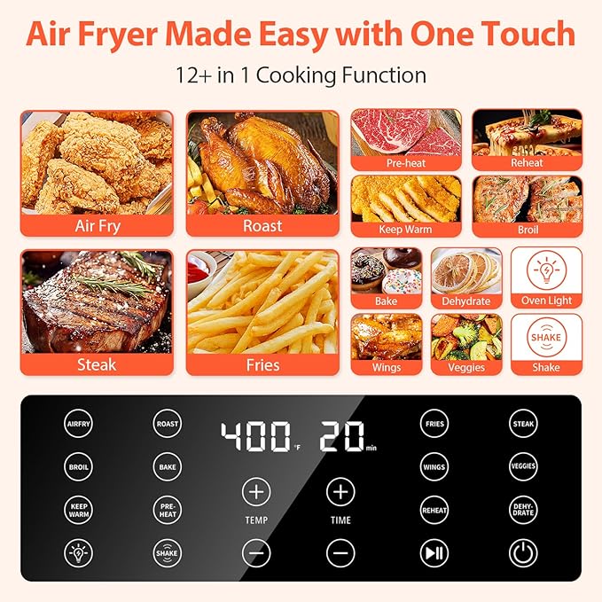 Beelicious 5.8QT Large Air Fryer, 12-in-1 Digital Airfryer with Clear Window, 40+ Recipes, Flavor-Lock Tech, Shake Reminder, Compact, Quiet, Dishwasher Safe, Nonstick (Black)