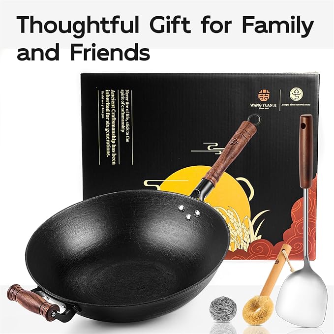 WANGYUANJI 12.6 Inch Iron Wok with Wooden Lid and Spatula, Flat Bottom Chinese Stir Fry Pan, Chemical-Free Uncoated Iron Wok for Induction, Gas and Electric Stoves