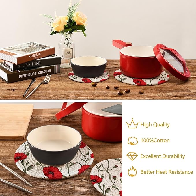 Red Poppies Kitchen Trivets Pot Holders Set of 2, Trivets for Hot Pots Dishes Woven Trivet Coaster Pad Mat for Counter