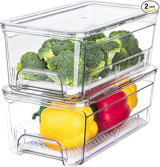 Pull Out Fridge Organizer Drawer, Stackable Refrigerator Storage Bins with Drain Tray and Lid, Clear Fruit and Vegetable Storage Containers Box, for Kitchen Freezer, 2-Pack