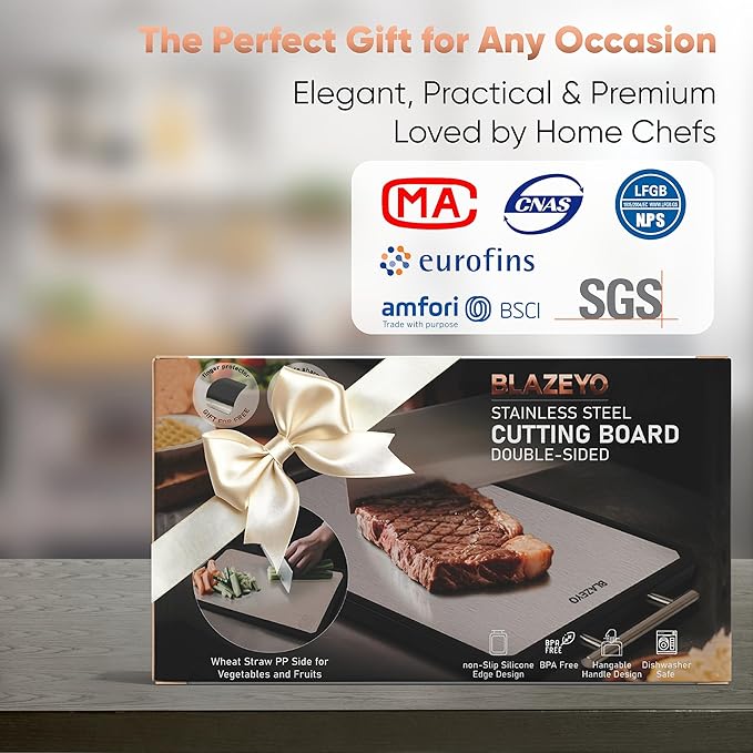 Stainless Steel Cutting Board, Heavy Duty Large 16”×11” 2-in-1 Double Sided Chopping Board for Kitchen, Food Grade Non Toxic Wheat Straw PP & Steel Surfaces, for Meat/Vegetables, Dishwasher Safe