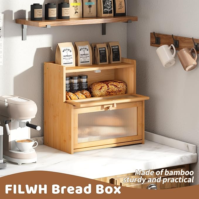 FILWH Bread Box for Kitchen Countertop Double Layer Large Corner Bread Box Capacity Bread Storage Bin Farmhouse Breadbox Container Organizer Cabinet Cupboard Nature