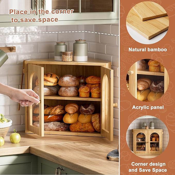 WOWLIVE Corner Bread Box for Kitchen Countertop, 2 Tier Bamboo Bread Storage Container for Homemade Bread with Clear Acrylic Door Panel, Large Bread Bin Farmhouse Breadbox Organizer (Natural, Medium)