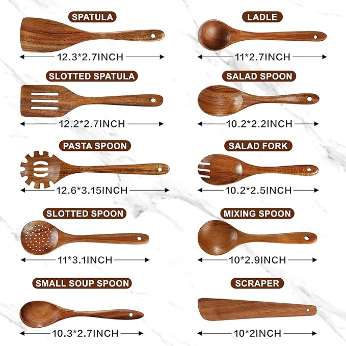 Pleafind Natural Solid Wooden Utensil Set - 10 Pcs, Non-stick Wooden Spoons for Cooking, Soft Comfort-Grip Wooden Cooking Utensils Set, Wood Kitchen Utensil Set for Non-Stick Cookware