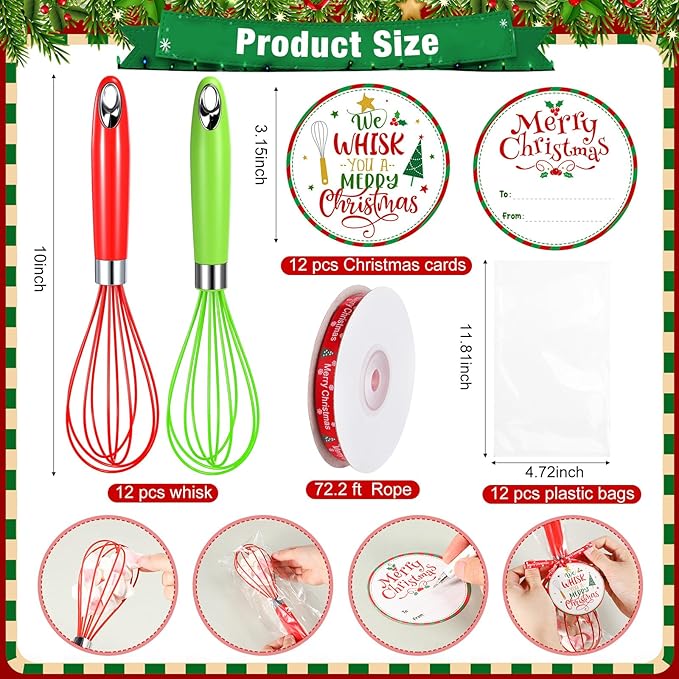 12 Christmas Whisk Gifts Include 10 Inch Christmas Stainless Steel Silicone Whisk Greeting Cards Ribbons Plastic Bags for Xmas Neighbor Family Friends Baking Enthusiast Cooking Supplies