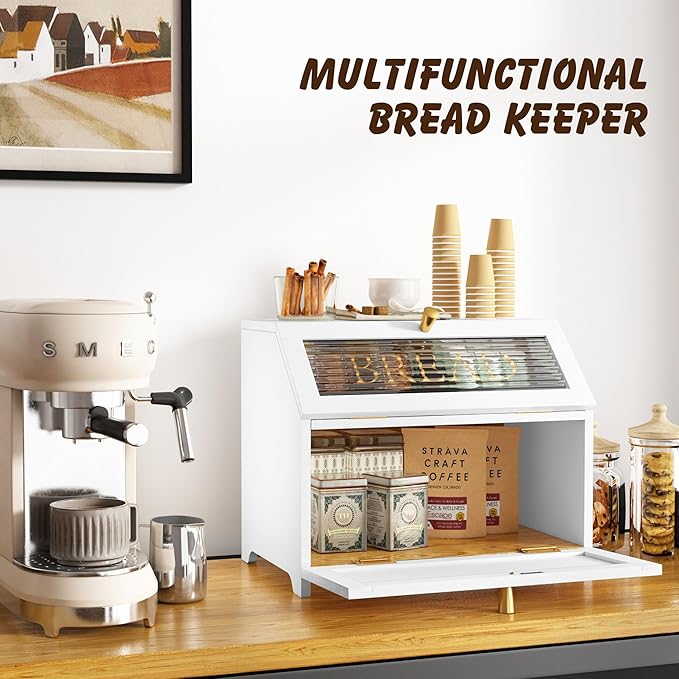 Double Layer Bread Box With Golden Trim for Countertop, Wooden Bread Container for Kitchen Counter, Corner Bread Storage (White)