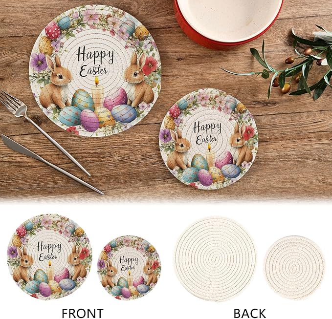 Watercolor Easter Wreath Bunnies Kitchen Trivets Pot Holders Set of 2, Trivets for Hot Pots Dishes Woven Trivet Coaster Pad Mat for Counter