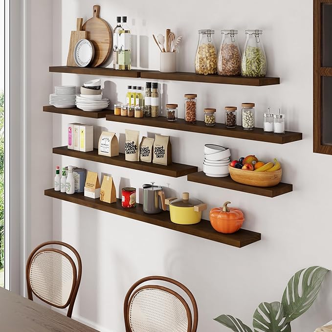Floating Shelves 72 Inches Long - 8 Inch Deep Rustic Solid Pine Wood for Storage - Farmhouse Wall Mounted for Living Room - Heavy-Duty Metal Bracket - 72" W x 8" D - American Walnut Color