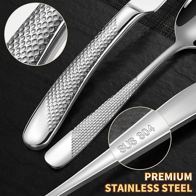 Lemeya 40-Piece Hammered Silverware Set for 8 with Serrated Forging Knives,18/10 Stainless Steel Modern Flatware Set,Unique Cutlery Set Spoons and Forks Set,Mirror Polished,Dishwasher Safe
