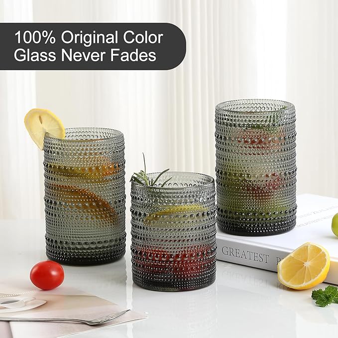 Vintage Glassware Drinking Glasses Set of 12,Grey 12oz & 15oz Hobnail Glass Cups,Embossed Water Tumbler,for Beer,Cocktail,Whiskey,Juice and Various Mixed Drinks- 1 Cleaning Brush