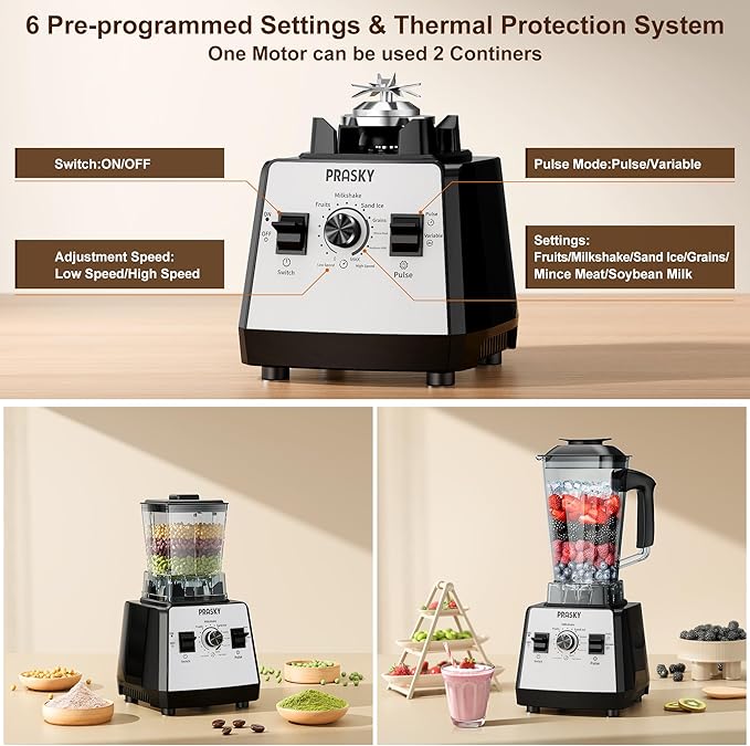 Blenders for Kitchen, Smoothie Blender, 2400W/1000W Prasky Blender & Grinder Combo, 25,000 RPM High Speed, 68oz BPA-Free Food Processor, Countertop Blender for Smoothies, Shakes & Food (White, 2L)