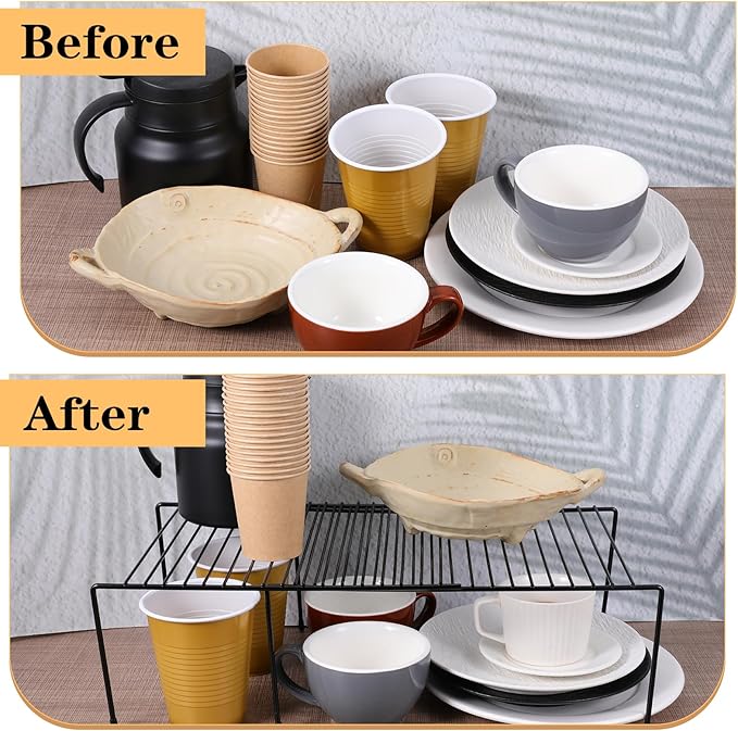 Kitchen Cabinet Organizer Expandable Storage Shelves Cupboard Spice Shelf Rack with Scratch Resistant Feet Metal Kitchen Counter Shelf Freezer Shelfs Rack for Counter Pantry Dish Spice (Black)