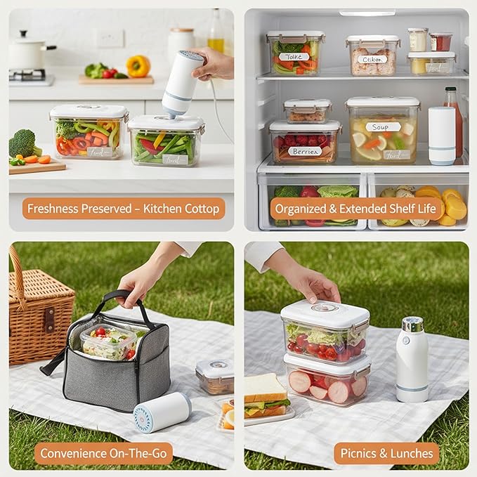 Vacuum Container,Vacuum Seal Containers,4pcs Airtight Food Storage Containers with Lids,8pcs Food Vacuum Bags/ 1pc Automatic Pump, Marinade and Keep Food Fresh with Time Dial, BPA Free(Square)