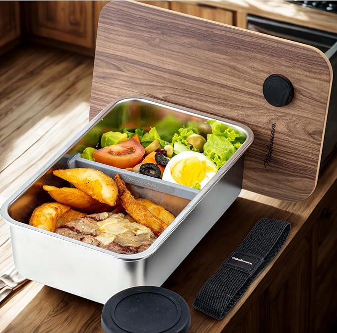 Leak Resistant Stainless Steel Bento Box Adult |Stainless Steel Lunch Box|44Oz| Metal Lunch box | BentoBox|Lunchbox| Lunch Container Adult| Bamboo Lid|Sandwich , salad Food Storage Compartment SIlver