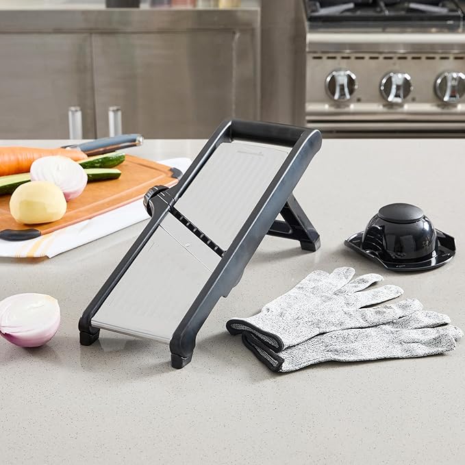 Restaurantware Stainless Steel Adjustable Mandoline Slicer - German Standard Vegetable Slicer with Blade Guard, Includes Cut-Resistant Gloves - Food Slicer for Potato, Onions, Cucumbers, Tomato