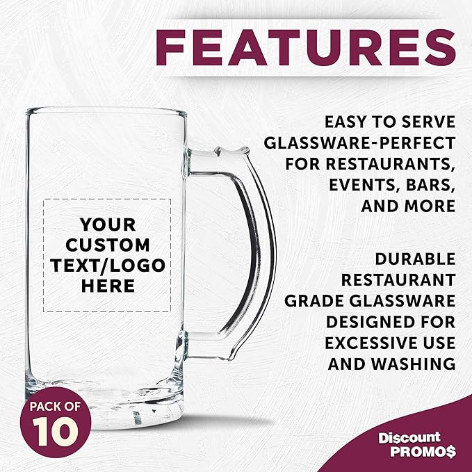 DISCOUNT PROMOS Custom Glass Beer Mug 16 oz. Set of 10, Personalized Bulk Pack - Great for Wedding Favors, Groomsmen Gifts, Birthday Gifts - Clear Bottom Color