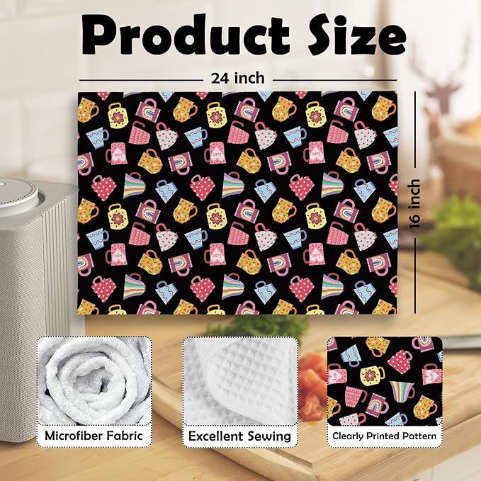 Trendy Teacups Kitchen Dish Towels Black, Coffee Cups Teapots Kitchen Decor, Aesthetic Garden Tea Lover Gifts for Women men, Tea Time Hand Towels Kitchen Bathroom Tea Towels Decorations, 16x24inch