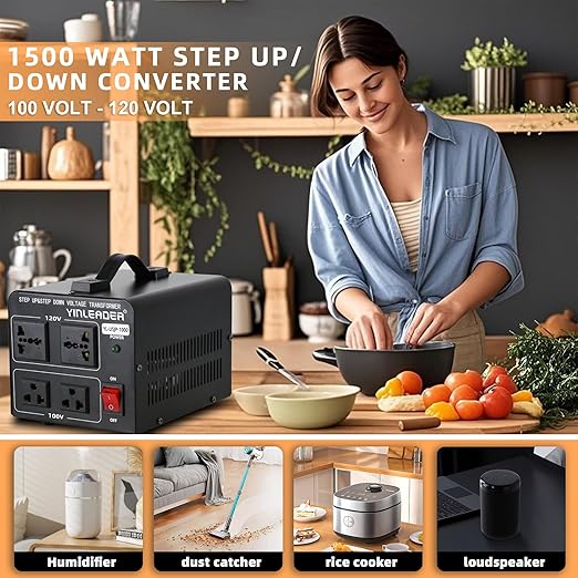 Yinleader 1500W Japanese Voltage Converter - Step Down 120V to 100V or Step Up 100V to 120V, Includes US Power Cord for Medium-Power Appliances