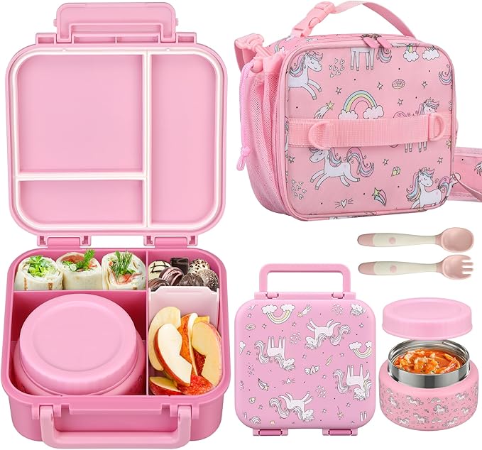 Kids Lunch Box Set with Bento Box, 9oz Stainless Steel Thermos & Insulated Lunch Bag – Hot & Cold Leakproof Lunch Container with Utensils for School & Travel, Pink Set