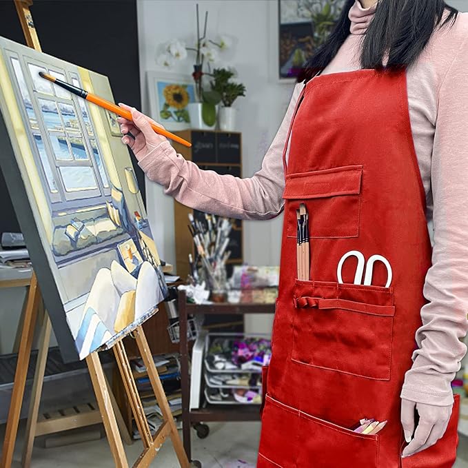 boshiho Painting Aprons, Adjustable Buckle, Barber Apron with Pockets for Women/Men/Unisex, Utility or Work Apron (Red)