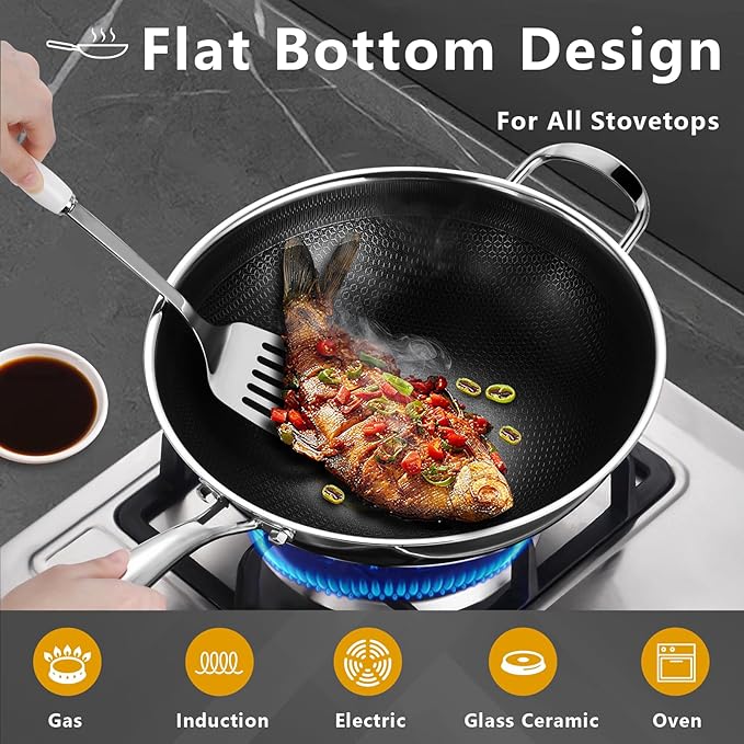 Hybrid 12 Inch Wok Pan with Lid, 5QT Stainless Steel Deep Woks & Stir-fry Pans with Flat Bottom, Stay-Cool Handle, Induction & Dishwasher & Oven Safe, Non Toxic, PFOA Free Skillet Cookware