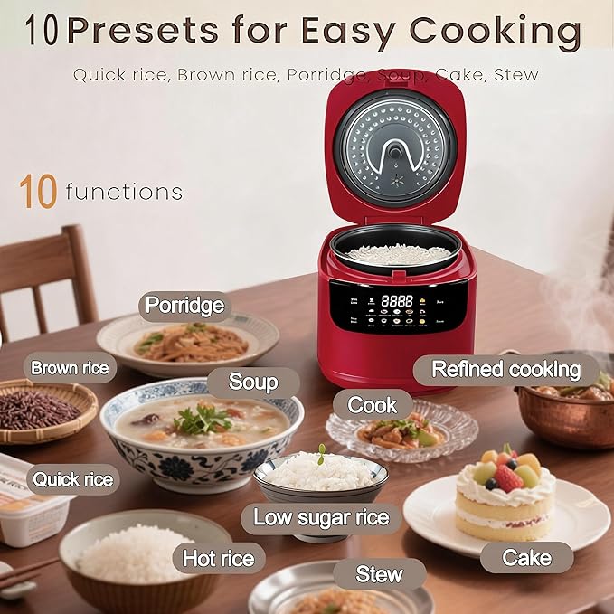 Smart Rice cooker,2L Mini Protable Rice Cooker,5 Cups Cooked/3 Cups Uncooked, 400W Non-Stick Rice Maker, 24 hours Timer Delay, 10 Functions, Fast Cooker