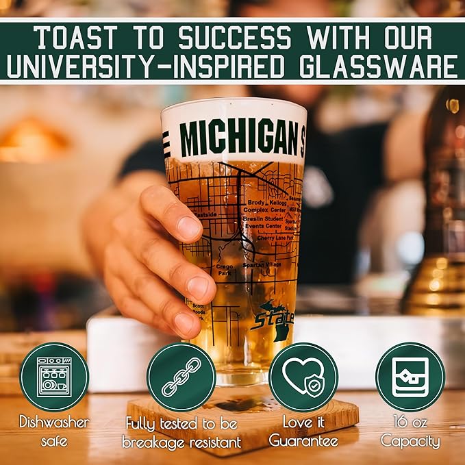 Greenline Goods – Michigan State University Spartans College Pint Beer Glasses (Set of 2), 16 oz – Full-Color Logo + Campus Map