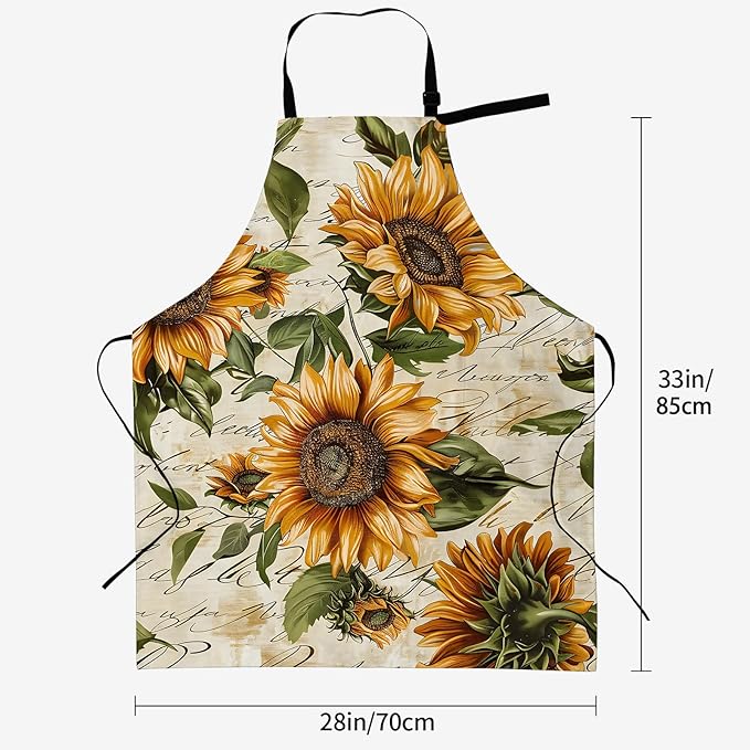 Vintage Sunflower Apron for Women, 28x33in, Kitchen Chef Aprons with 2 Pockets, Polyester, Sunflowers Apron for Cooking BBQ Baking Gardening Chef, Gifts for Mom Wife Dad