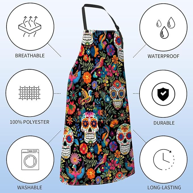 Gothic Apron for Women with Sugar Skull and Floral,28x33in,Goth Kitchen Aprons with 2 Pockets, Oxford Fabric,Halloween Adjustable Apron for Cooking Baking Gardening Chef,Gifts for Mom Wife
