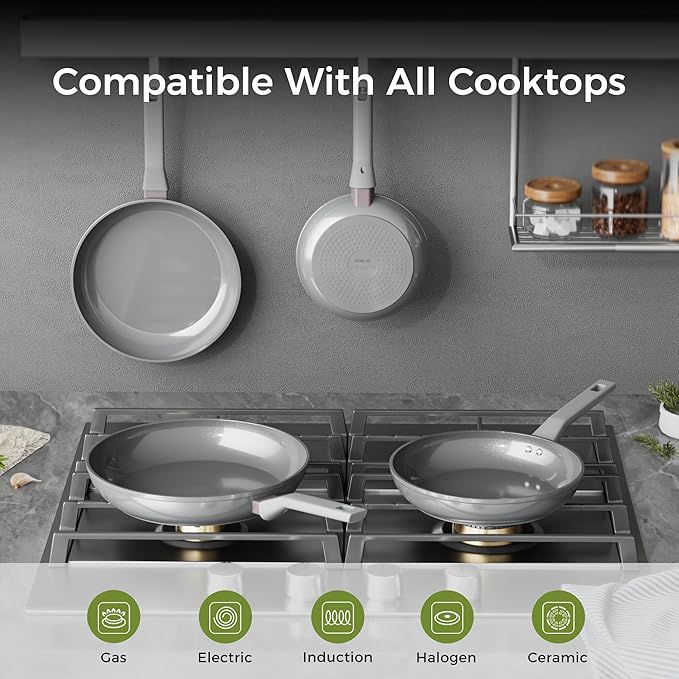 Sanho Healthy Ceramic Non-Toxic Frying Pan Set, 3-Piece (8, 10 & 12 Inch) Non Stick Skillets, PFAS PTFE PFOA Free, Induction Compatible, Dishwasher Safe Gray Cookware Set