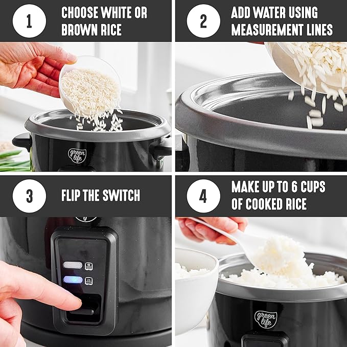 GreenLife Rice Cooker with Removable PFAS-Free Nonstick Pot, 3-Cups Uncooked/6-Cups Cooked, One-Switch Design, Auto Keep Warm Function, Soup, Grains, Oatmeal, Wood Handle, Black