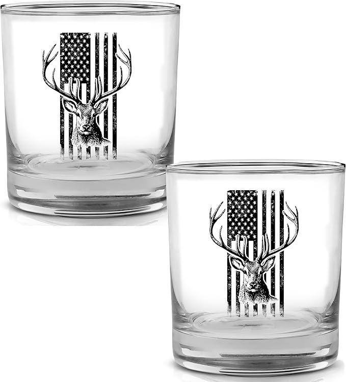 Hunting Gift USA Tattered Worn Flag Buck Deer Old Fashioned Glass Drinking Cup Gift For Hunter Hunt (2)