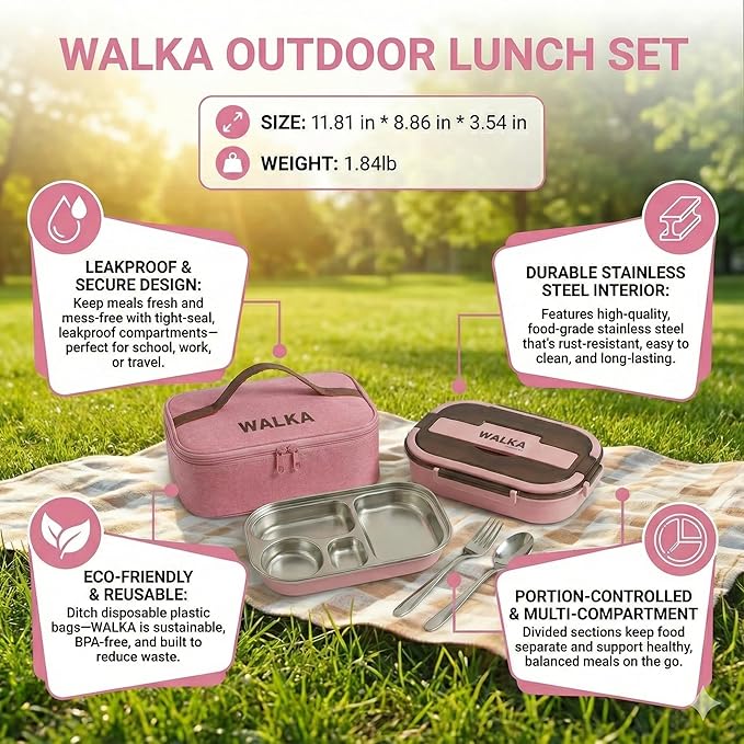 WALKA Lunch Box Stainless Steel, Metal Bento Boxes Leak-Proof, 4 Compartments Bento Lunch Box, Food Storage Containers, Dishwasher Safe with Bag (Pink)